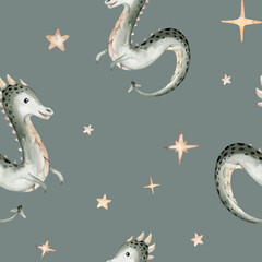 Cartoon 2024 New Year's card Dragon seamless pattern, happy new year and christmas childish background