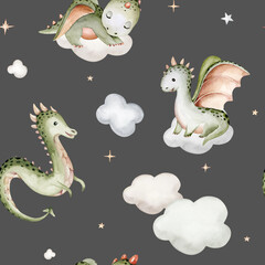 Cartoon 2024 New Year's card Dragon seamless pattern, happy new year and christmas childish background