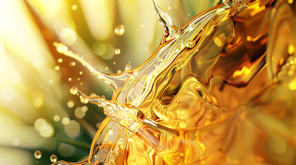 Golden spray of water or alcohol on a yellow background. 3D rendering