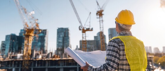 The construction worker reviewing blueprints at a bustling building site.