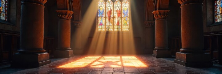 Sunbeams illuminate a church's stained-glass window, casting colorful, ethereal light onto the ancient stone floor A sense of peace and reverence fills the sacred space , stillness, hope, prayer