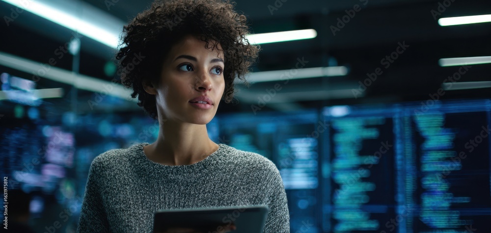 Poster the woman using a tablet in a high-tech data analysis environment.