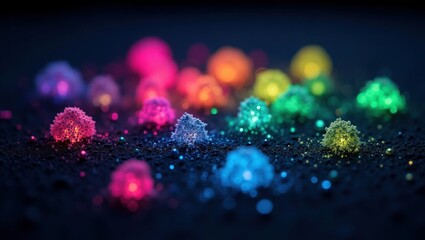 Colorful Glowing Crystal Clusters Dark Background vibrant