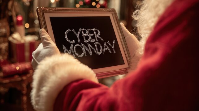The Santa Holding a Chalkboard Sign for Cyber Monday Promotions