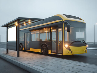 Modern electric bus stopping at bus stop with blank billboard