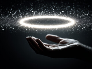 Hand holding glowing halo with sparkling particles on dark background