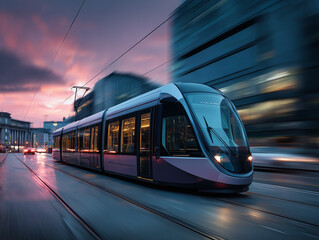 Modern tram passing through city street at dusk