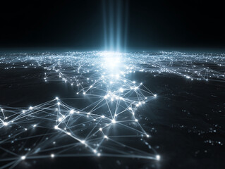 Light beams illuminating futuristic network connections on dark background