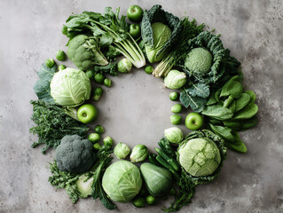 Variety of fresh green vegetables and fruits forming a circle on gray background