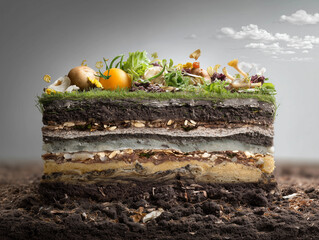 Organic waste transforming into fertile soil with grass and vegetables growing