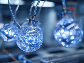Laboratory equipment bubbling blue liquid in round flasks