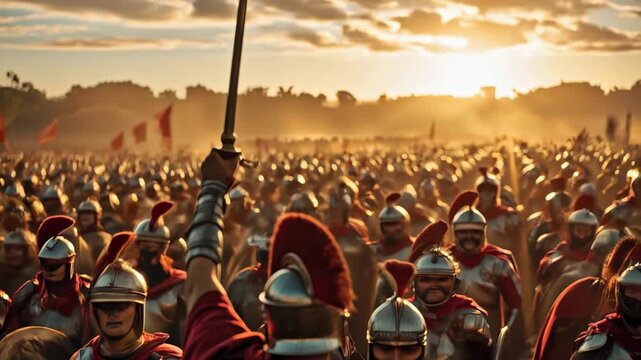 Roman general clad in shining armor and a flowing red cape, inspiring legionaries with words of courage and strength as they prepare for battle beneath a breathtaking golden sunset