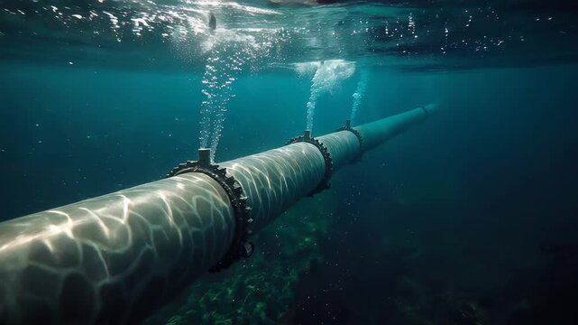 Underwater pipeline transporting gas in the deep blue sea, with light reflections and air bubbles rising to the surface, highlighting the infrastructure and potential environmental impact