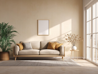 Modern minimalist living room interior with beige sofa and sunlight illuminating plants
