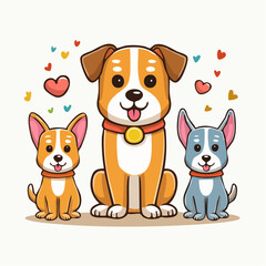 Delightful cartoon dogs surrounded by hearts showcasing family love and friendship