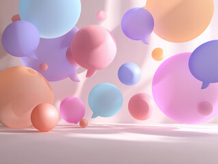 Colorful speech bubbles and spheres floating in a room with sunlight