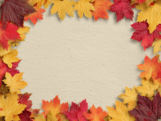 Colorful autumn leaves frame on beige paper background