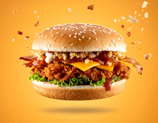 Chicken Burger with Crispy Bacon and Melted Cheese on an Orange Background