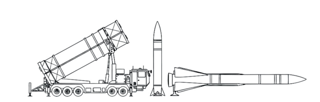 THAAD Missile System Blueprint Vector | Technical Line Art of Ballistic Missile Defense Launcher & Interceptor