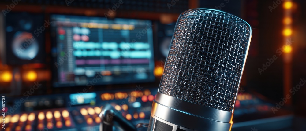 Aufkleber the microphone in a professional audio recording studio with dynamic lighting