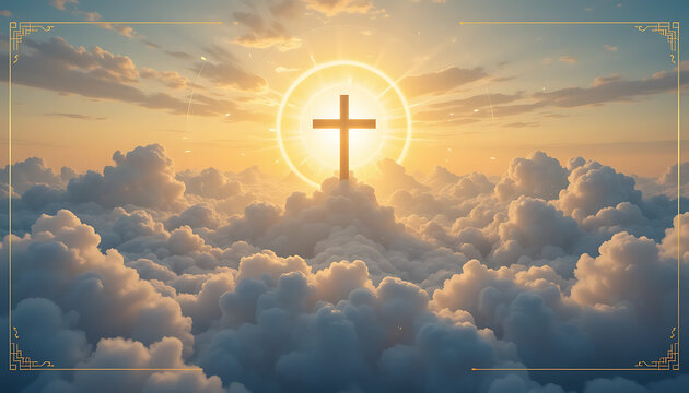 Majestic christian cross ascends through golden sunset clouds symbolizing hope and divine light in the heavens above
