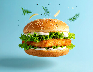 Fish Burger with Tartar Sauce and Fresh Lettuce, Floating on a Blue Background.