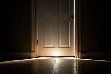 Ajar door with bright light shining through in a darkened room and floor