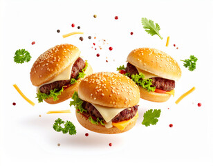 Three Levitating Mini Sliders with Cheese and Garnishes on a White Background
