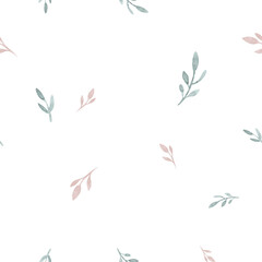 Seamless watercolor floral pattern pink blush flowers elements, green leaves branches on white backgroundfor wrappers, wallpapers, greeting cards, wedding invites