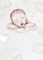 Watercolor newborn Baby Shower greeting card with babies boy girl. Birthday baby shower of new born baby