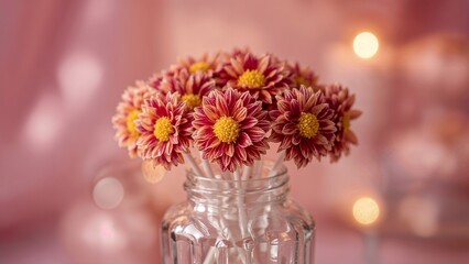 A clear glass vase filled with a bunch of red and yellow flowers on a soft pink blurred background