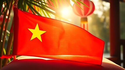 Vietnam National Day flag on silk cushion with bamboo leaves and lanterns