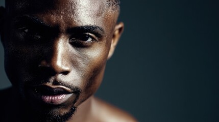 Striking portrait of a Black male model with strong features and dramatic lighting, exuding powerful presence.