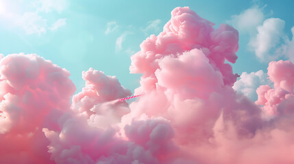 Cotton candy sky with pink fluffy clouds, 3D rende