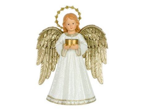 Elegant White Angel Tree Topper with Flowing Gown and Halo, Angled View, Isolated