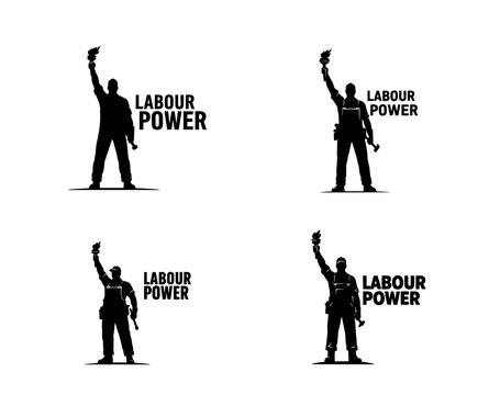 Heroic Worker Silhouette Holding Torch with “LABOUR POWER” Text – Labour Day Vector