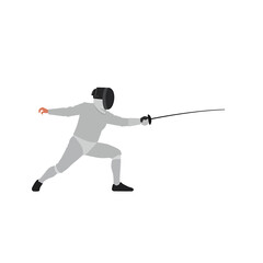 A person in a gray fencing uniform and black mask lunges forward with a sword.
