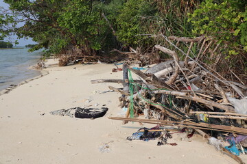 polluted sandy beach, showing a substantial amount of mixed garbage and natural debris accumulated...