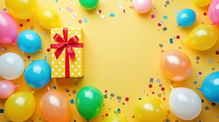 Bright birthday celebration with balloons and gift box