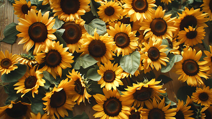 Sunflowers on wooden background, top view flat lay floral texture