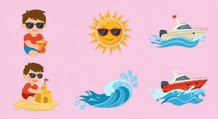 Cartoon Summer Fun: Beach, Boats, Sun, and Kids Enjoying the Vacation