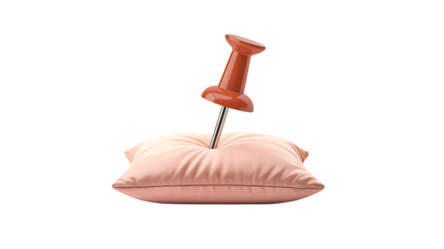Red pin stuck in pink cushion on white background

