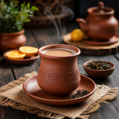 Closeup of a hot Chinese ceramic tea set with a teapot and cup of tea on a white table