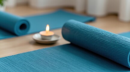 Serene teal yoga mats and a gentle candle light