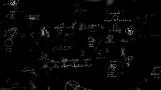 Digital numbers on blackboard with math and formulas animation