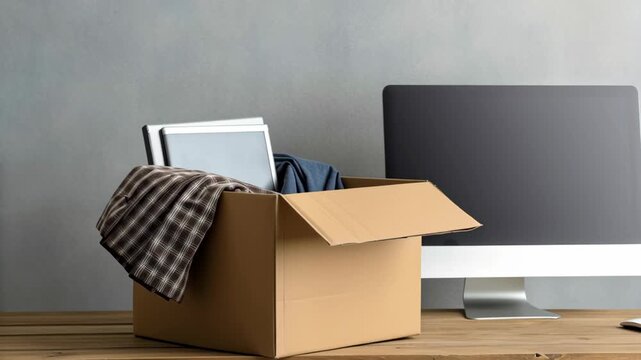 Economic crisis job loss layoff,Office computer cardboard box job loss layoff unemployment economic crisis desk workplace. employment,worker,unemployment,fired,employee,corporate,recession