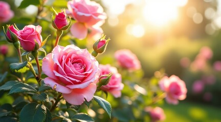 Beautiful pink roses blooming in warm golden sunlight