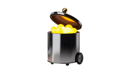 Black trash bin with yellow balls inside on white background

