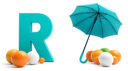 Letter r and a blue umbrella with oranges and white balls isolated on white background, a vibrant and playful composition for creative designs and concepts