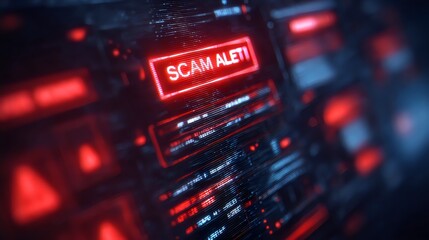 A digital display alerts users with a bright red 'SCAM ALERT' message, emphasizing cybersecurity concerns.